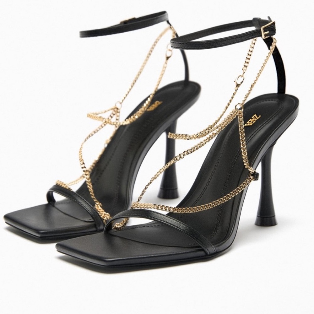 Zara Black Heels with Gold Chain Detail